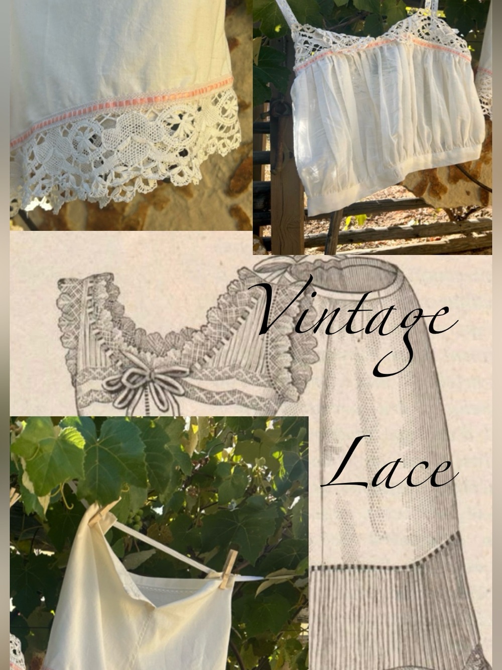 Sheer Camisole and bloomers in Ivory with vintage lace trim and peach  accents